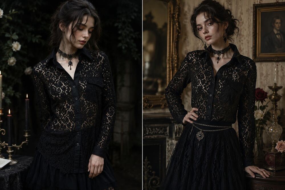 Finley Black Lace Long Sleeve Button Shirt Sz Small Whimsy Goth Dark Romantic